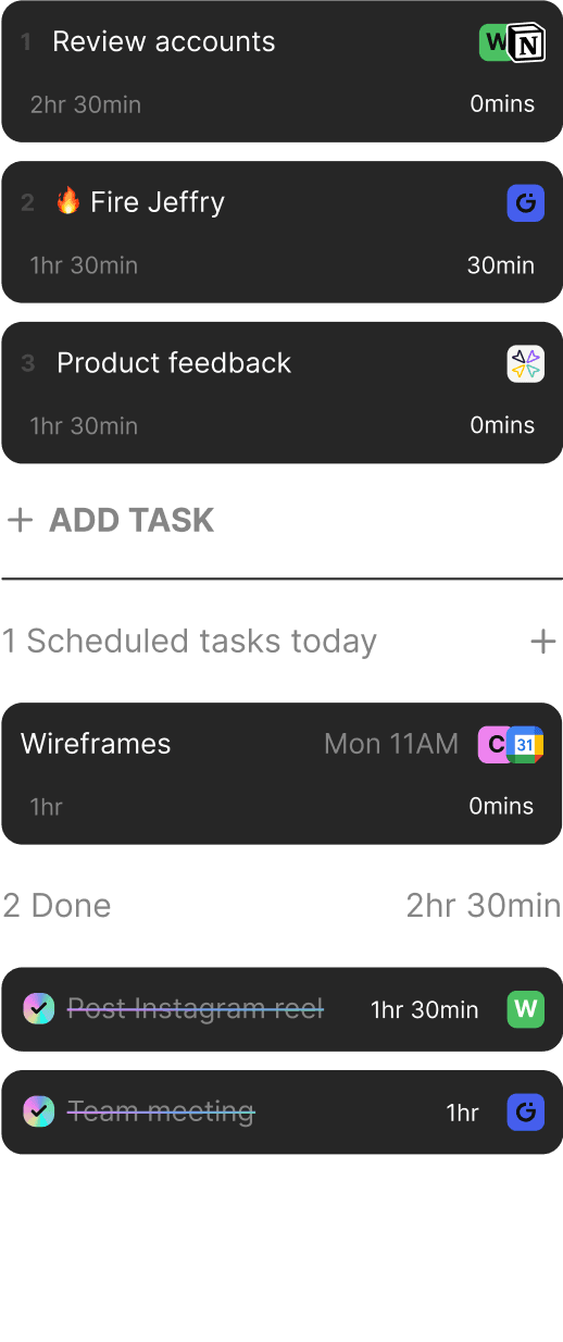 Task list showing review accounts, Fire Jeffry, product feedback, and scheduled tasks