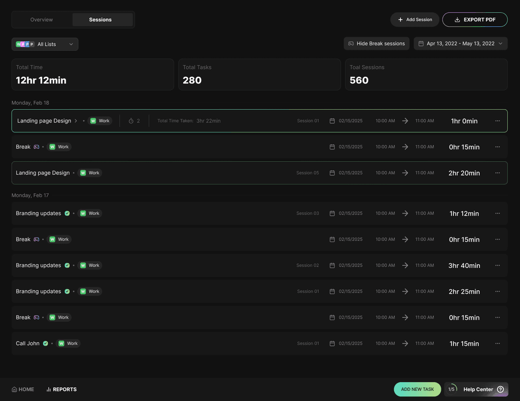 Sessions tracking with tasks, time, and organized session history